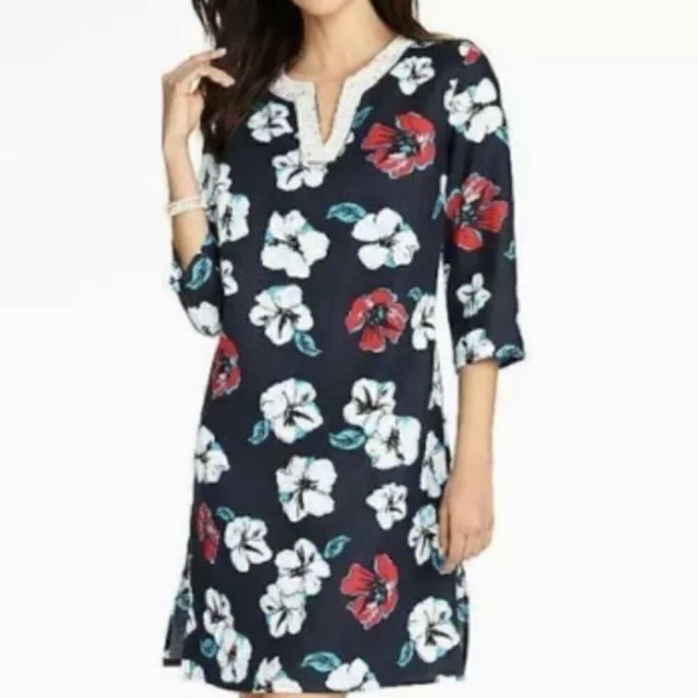 Talbots linen beaded floral tunic dress size small